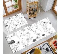 Juego De Alfombras De Cocina De 2 Piezas,Patrones Flores Silvestres Hojas Alfombras Tapetes Cocina Antideslizantes Y Lavables 44×70Cm+44×120Cm Alfombra De Piso Para Pasillo Entrada Lavandería,Blanco