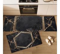 Juego De Alfombras De Cocina De 2 Piezas,Patrones Hexagonales Dorados Alfombras Y Tapetes De Cocina Antideslizantes Y Lavables 44×70Cm+44×120Cm Alfombra De Piso Para Pasillo Entrada Lavandería,Negro