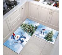 Juego de Alfombras de Cocina de 2 Piezas, Tema Navideño Muñeco De Nieve Árbol De Hoja Perenne Tapetes de Cocina Antideslizantes Lavables 43x75cm+43x150cm, Alfombra de Piso para Pasillo Lavandería