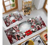 Juego de Alfombras de Cocina de 2 Piezas, Tema Navideño Navidad Coronas Bastones De Caramelo Tapetes de Cocina Antideslizantes Lavables 43x75cm+43x150cm, Alfombra de Piso para Pasillo Lavandería