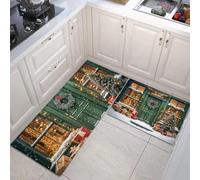 Juego de Alfombras de Cocina de 2 Piezas, Tema Navideño Nieve Puerta Navideña Regalos Tapetes de Cocina Antideslizantes Lavables 40x60cm+40x120cm, Alfombra de Piso para Pasillo Lavandería, Verde