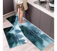 Juego de Alfombras de Cocina Edificios Antiguos de 2 Piezas, Almohadillas y Tapetes de Cocina Antideslizantes y Lavables Montaña Misteriosa Alfombra de Piso para Pasillo Entrada 43x75cm+43x120cm Gris