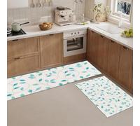 Juego de Alfombras de Cocina Escandinavo Antideslizantes, 40x60cm+40x120cm Tapete Cocina Ramas Hojas Minimalistas Resistente y Fácil de Lavar para Zona del Fregadero, Placa de Cocción, Verde Menta