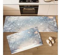 Juego de Alfombras de Cocina Escena Navideña Nevada de 2 Piezas, Almohadillas Tapetes de Cocina Antideslizantes País Las Maravillas Invernal Alfombra de Piso para Pasillo Entrada 40x60cm+40x120cm Gris