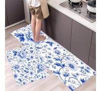 Juego de Alfombras de Cocina Flores Espiral Al Europeo Antideslizantes, 40x60cm+40x120cm Tapete Cocina Peonía Trepadora Resistente y Fácil de Lavar para Zona del Fregadero, Placa de Cocción, Azul