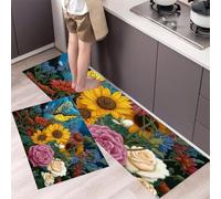 Juego De Alfombras De Cocina Girasoles Mariposas Rosas 2 Piezas, Alfombras Y Tapetes De Cocina Flores Pastorales Antiguas Antideslizantes 50x80cm+50x150cm Alfombra De Piso Para Pasillo Entrada