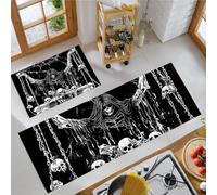 Juego de Alfombras de Cocina Gótico Retro Antideslizantes, 40x60cm+40x120cm Tapete Cocina Esqueleto, Muerte Y Cadenas Resistente y Fácil de Lavar para Zona del Fregadero, Placa de Cocción, Negro
