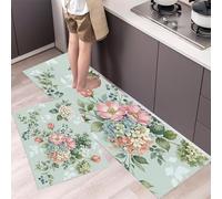 Juego De Alfombras De Cocina Hortensias Rosas Bayas De 2 Piezas, Tapetes De Cocina Flores Frescas En Acuarela Antideslizantes Para Decoración Del Hogar, Escritorio De Pie 40x60cm+40x120cm, Verde Claro