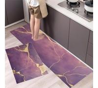 Juego de Alfombras de Cocina Lujo Abstracto Antideslizantes, 43x75cm+43x120cm Tapete Cocina Grieta La Hoja Oro Mármol Resistente y Fácil de Lavar para Zona del Fregadero, Placa de Cocción, Púrpura