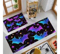 Juego de Alfombras de Cocina Neón Cibernético 2 Piezas, 40x60cm+40x120cm | Tapetes de Cocina Murciélagos Y Estrellas Brillantes, Antideslizantes y Lavables, Alfombra de Piso para Entrada lavandería