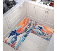 Juego De Alfombras De Cocina Olas Monte Fuji Puerta Torii De 2 Piezas, Tapetes De Cocina Estilo Japonés Ukiyo-E Antideslizantes Para Decoración Del Hogar, Escritorio De Pie 50x80cm+50x150cm, Azul