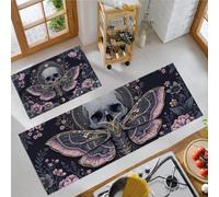 Juego de Alfombras de Cocina Oscuro Glamuroso de 2 Piezas, 40x60cm+40x120cm | Tapetes de Cocina Polilla Calavera Flores Antideslizantes y Lavables, Alfombra de Piso para Entrada Lavandería, Rosa