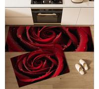 Juego De Alfombras De Cocina Pétalos De Rosa Roja De 2 Piezas, Tapetes De Cocina Flores Realistas De Tonos Oscuros Antideslizantes Para Decoración Del Hogar, Escritorio De Pie 50x80cm+50x150cm, Rojo