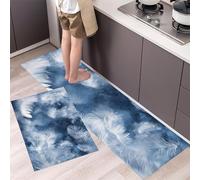 Juego de Alfombras de Cocina Plumas Acuarela de 2 Piezas, Almohadillas y Tapetes de Cocina Antideslizantes y Lavables Estilo Arte Digital Alfombra de Piso para Pasillo Entrada 43x75cm+43x120cm Azul