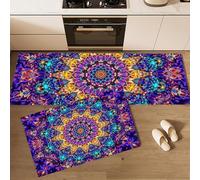 Juego de Alfombras de Cocina Púrpura de 2 Piezas, Alfombra de Cocina Caleidoscopio Geometría Resistente al Aceite, Fantasía Mandala Alfombras de Piso para Junto al Fregadero Pasillo 50x80cm+50x180cm