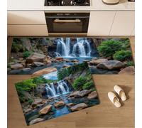 Juego De Alfombras De Cocina Rocas Cascadas Árboles Verdes 2 Piezas, Alfombras Y Tapetes De Cocina Paisajes Naturales Frescos Antideslizantes 45x75cm+45x150cm Alfombra De Piso Para Pasillo Entrada