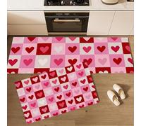 Juego de Alfombras de Cocina Rojo de 2 Piezas, Alfombra de Cocina Cuadrado con Forma De Corazón Resistente al Aceite, Romance Geometría Alfombras de Piso para Junto al Fregadero 40x60cm+40x120cm