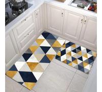 Juego De Alfombras De Cocina Triángulos De Oro Azul 2 Piezas, Alfombras Y Tapetes De Cocina Formas Geométricas Modernas De Acuarela Antideslizantes 45x75cm+45x150cm Alfombra De Piso Para Pasillo