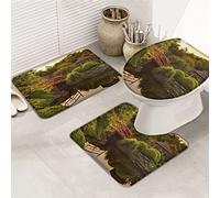 Juego de alfombrillas de baño de 3 piezas Alfombrilla de baño Beautiful Park Dusk Golden Sunset Sundown Red Bridge Lake Dense Woods Alfombrilla de contorno ultrasuave y tapa para bañera, ducha y bañ
