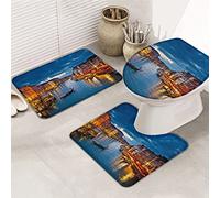 Juego de alfombrillas de baño de 3 piezas, alfombrilla de baño con hermoso paisaje de la ciudad del agua de Venecia, ultrasuave, antideslizante, alfombrilla de contorno y tapa para bañera, ducha y c