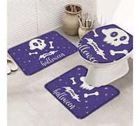 Juego de alfombrillas de baño de 3 piezas, alfombrilla de baño con texto en inglés "Happy Halloween Funny White Skull Bones Twinkling Stars Purple Ultra Soft Contour Mat & Tapa para bañera, ducha y