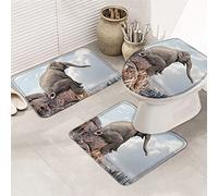 Juego de alfombrillas de baño de 3 piezas Alfombrilla de baño Elefante divertido Siéntese en la piedra Aspecto de la ciudad Alfombrilla de contorno ultra suave y cubierta de tapa para ducha de bañer