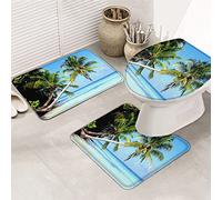 Juego de alfombrillas de baño de 3 piezas Alfombrilla de baño Ocean Coastal Seaside Scene Island Tropical Palm Tree Blue Sky Alfombrilla de contorno ultra suave y cubierta de tapa para bañera, ducha