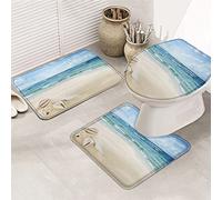 Juego de alfombrillas de baño de 3 piezas Alfombrilla de baño Ocean Coastal Seaside Scene Seashells Conch Sea Wave Blue Sky Clouds Alfombrilla de contorno ultrasuave y cubierta de tapa para bañera,