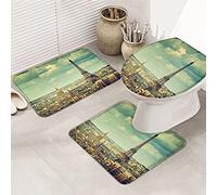Juego de alfombrillas de baño de 3 piezas Alfombrilla de baño París Torre Eiffel Retro Lugares de interés Cielo de ensueño Alfombrilla de contorno ultra suave y cubierta de tapa para bañera Ducha y