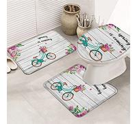 Juego de alfombrillas de baño de 3 piezas Alfombrilla de baño Spring is Coming Bright Pink Floral Bicicleta Retro Grano de madera Ultra suave Alfombrilla de contorno y tapa para bañera Ducha y cuart