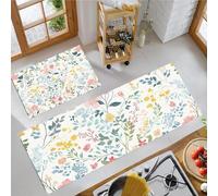 Juego De Alfombrillas De Cocina Antideslizantes Lavables Flores Silvestres De Primavera Absorbentes Y Resistentes A Las Manchas Tapetes Y Tapetes Plantas Pintadas A Mano (Beige, 50X80Cm+50X150Cm)