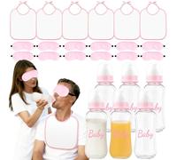 Juego de alimentación para fiestas de bebé, 24 piezas, juego de alimentación para ciegos, con 6 botellas de plástico, 6 baberos y 12 máscaras para los ojos, juego de alimentación para fiestas de bebés