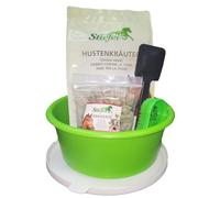 Juego de alimento para caballos - Hierbas para la tos 1 kg + caramelos de hierbas 500 g + cuenco de comida, cuchara medidora y cepillo para caballos - Hierbas naturales para vías respiratorias y