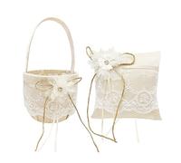 Juego de Almohadas para Portador de Anillos y Cesta para Niña de las Flores de Boda de Marfil, Colección de Encaje Satinado con Pedrería de Perlas, Cestas para Niñas de la Serie