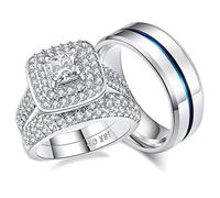 Juego de anillos de boda chapados en oro de 18 quilates de princesa de 1,8 quilates para él y ella, para mujeres y hombres, anillos de titanio de acero inoxidable con circonita cúbica, Piedra