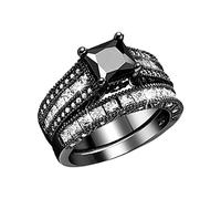 Juego de anillos de compromiso 2 en 1 para mujer, color negro, 6, Metal, Sin piedras preciosas