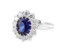 Juego de anillos de promesa, alianza de boda vintage con forma de girasol con zafiro creado ovalado, oro blanco, Q 1/2, Oro blanco de 18 quilates, Zafiro sintético