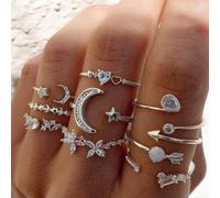 Juego de anillos finos minimalistas para mujer, diseño de corazón, estrella, luna, diamantes de imitación, concierto rural, joyería de moda, otoño, moda bohemia, Medium, Latón, Sin piedra preciosa