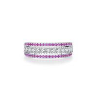 Juego de anillos para mujer, anillos de banda ancha para mujer, elegante diseño de fila hueca con moissanita redonda y rubí de laboratorio, oro blanco de 14 quilates, talla K 1/2