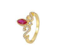 Juego de anillos para mujer de oro, elegante con corte marqués rojo en laboratorio, rubí, oro amarillo, Oro amarillo de 18 quilates, Rubí producido en laboratorio
