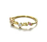 Juego de anillos para mujer, juego de anillos de boda pequeños pétalos frescos dorados para mujer, O 1/2, Oro de 18 quilates, Cristal en polvo de ópalo