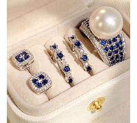 Juego de anillos y aretes de circonita cúbica azul zafiro para mujer con caja de almacenamiento, 8, Latón, Circonita cúbica