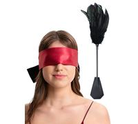 Juego de antifaz para dormir de satén rojo y cosquillas de plumas negras de 15 pulgadas para relajación, tamaño universal de satén con los ojos vendados
