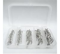 Juego de anzuelos de pesca agudos de acero al carbono con púas, varios tamaños, 50 unidades, color negro y plateado para agua dulce y salada, cuchara de repuesto con caja de almacenamiento (caja de 50