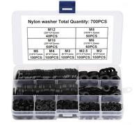 Juego de arandelas de nailon, 700 piezas PA66 arandelas planas negras M2-M12 E modelo surtido