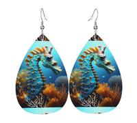 Juego de aretes de cuero de caballito de mar azul con forma de lágrima de piel sintética para mujer, aretes colgantes de cuero ligero.