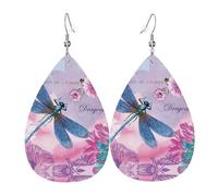 Juego de aretes de lágrima de cuero con diseño de flor rosa y libélula azul, ligeros, bohemios, regalo de joyería para mujeres y niñas