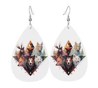 Juego de aretes de piel sintética con diseño de lobos y renos para mujer, aretes colgantes de cuero ligero