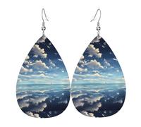 Juego de aretes de piel sintética con diseño de nubes blancas sobre el mar para mujer, aretes colgantes de cuero ligero
