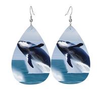 Juego de aretes de piel sintética con forma de lágrima en forma de ballenas en el mar para mujer, aretes colgantes de cuero ligero.